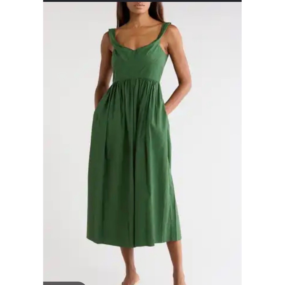 Rebecca Taylor Midi Dress Womens L Green Tencel Cotton Sweetheart Pockets Chic